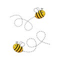 Bee character. Cute flying bees with dotted route. Vector cartoon insect Royalty Free Stock Photo